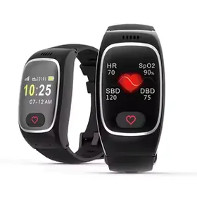 AFCM wearable safety band shown from two angles with its help button and display