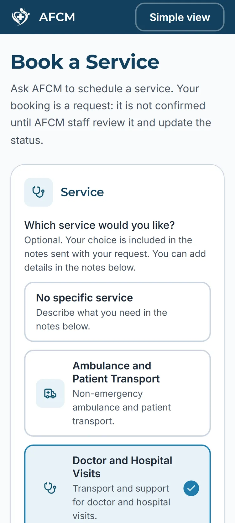 AFCM app booking form with a service selected and date and time fields